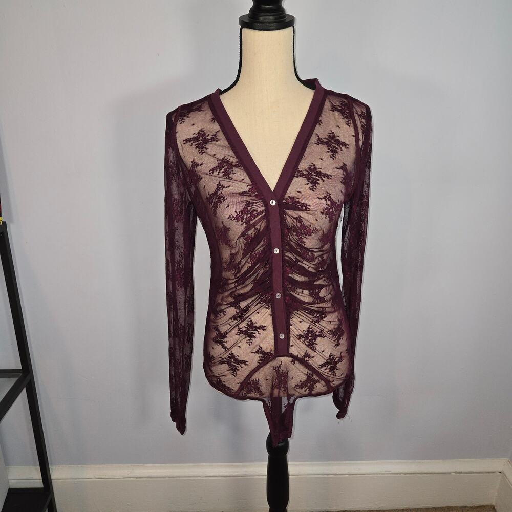 Free People Intimately Light Year Sheer Lace Bodysuit - Precious Wine Sz XL